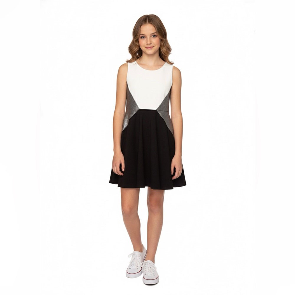 NEW Zoe Ltd Black, White & Silver Inset‎ Girls Flared Skirt Party Dress 7/6X